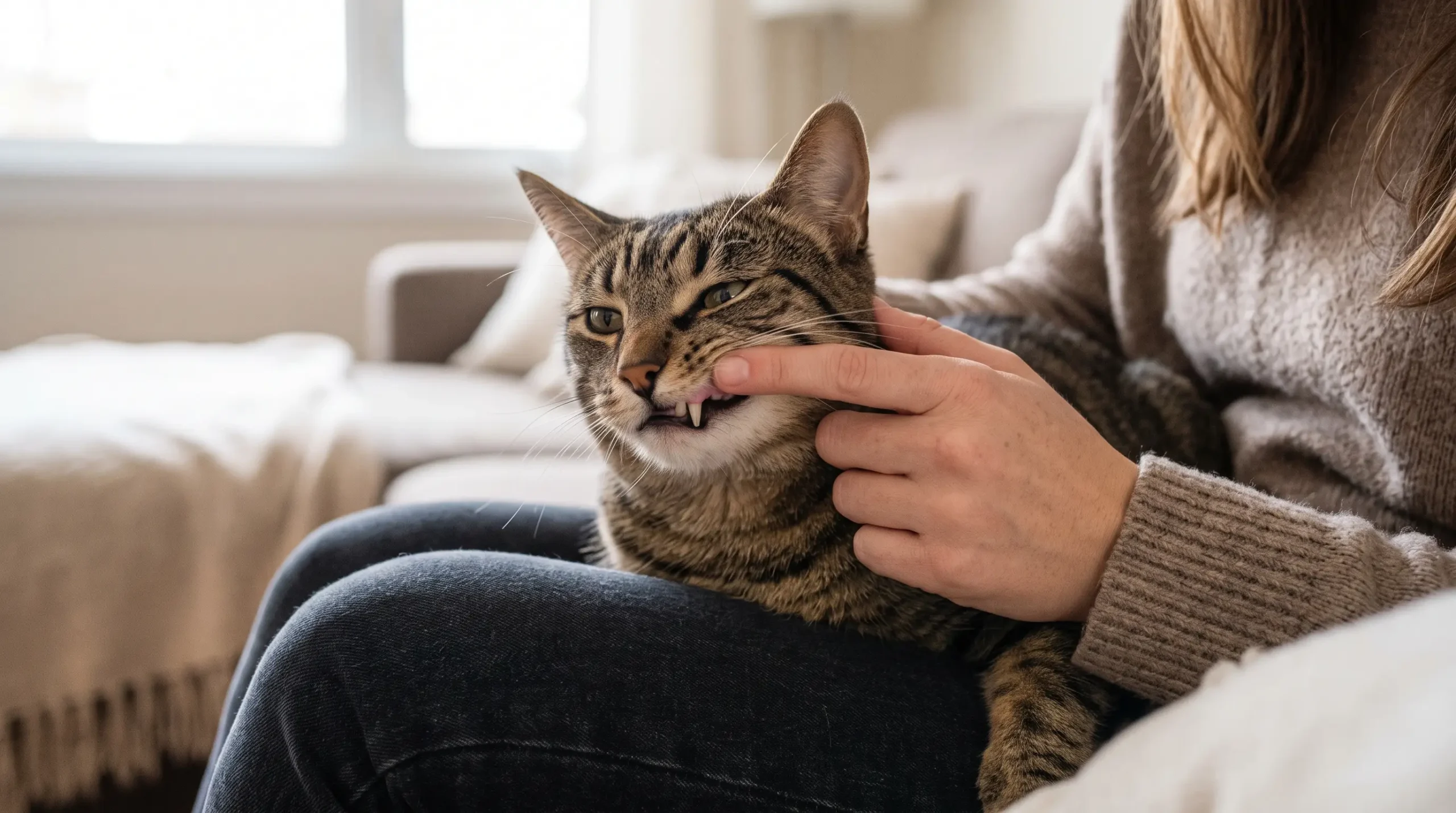 Dueño revisando las encías de un gato para saber si tiene gingivitis