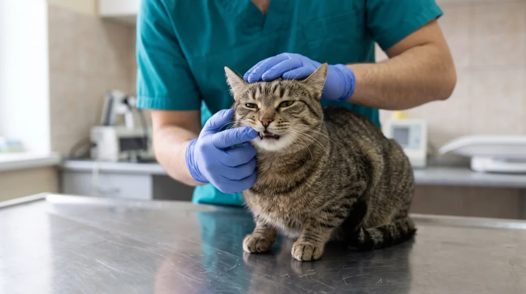 Veterinaria revisando las encías de un gato para saber si tiene gingivitis